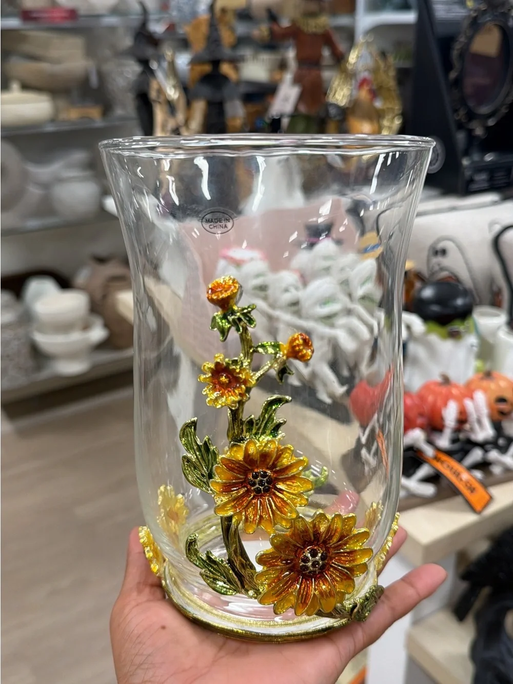 Decorative Glass Vase with Gold-Toned Floral Accent - Yellow